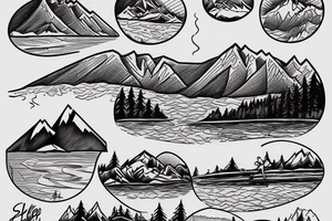 Mountain scene with mountain lake and slalom water skier silhouette 
on the lake tattoo idea