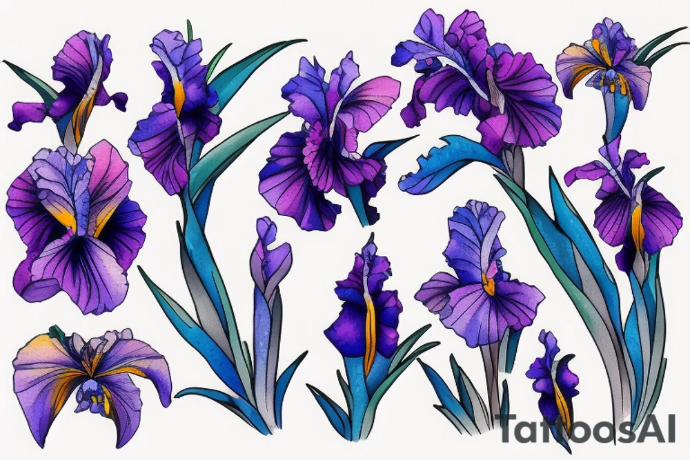 purple iris and sunflower tied in a blue ribbon, simplistic watercolor faded tattoo idea