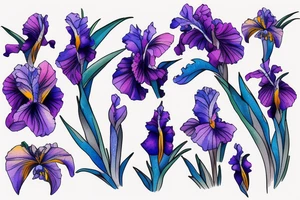purple iris and sunflower tied in a blue ribbon, simplistic watercolor faded tattoo idea