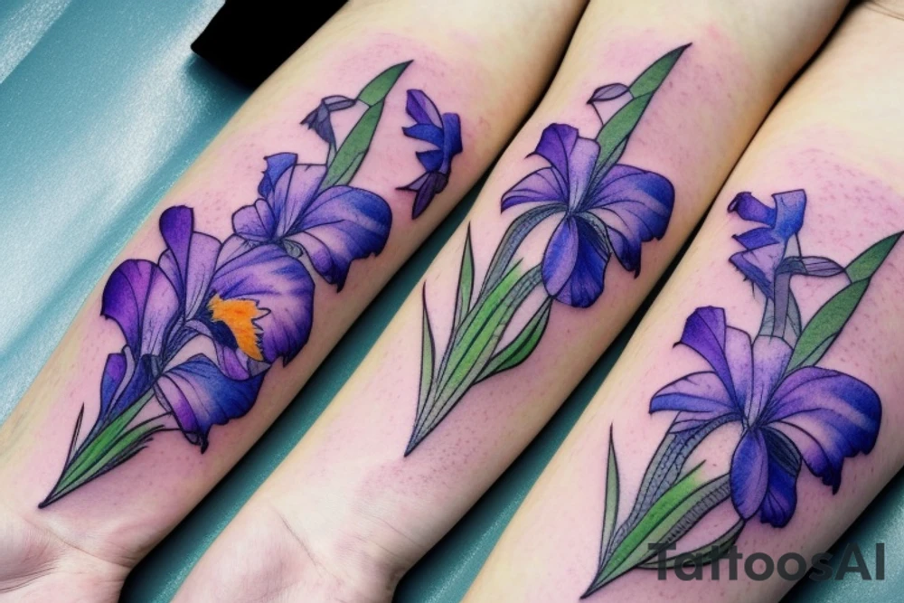 purple iris and sunflower tied in a blue ribbon, simplistic watercolor faded tattoo idea