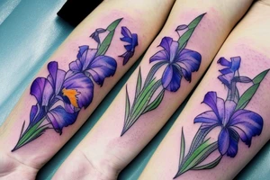 purple iris and sunflower tied in a blue ribbon, simplistic watercolor faded tattoo idea