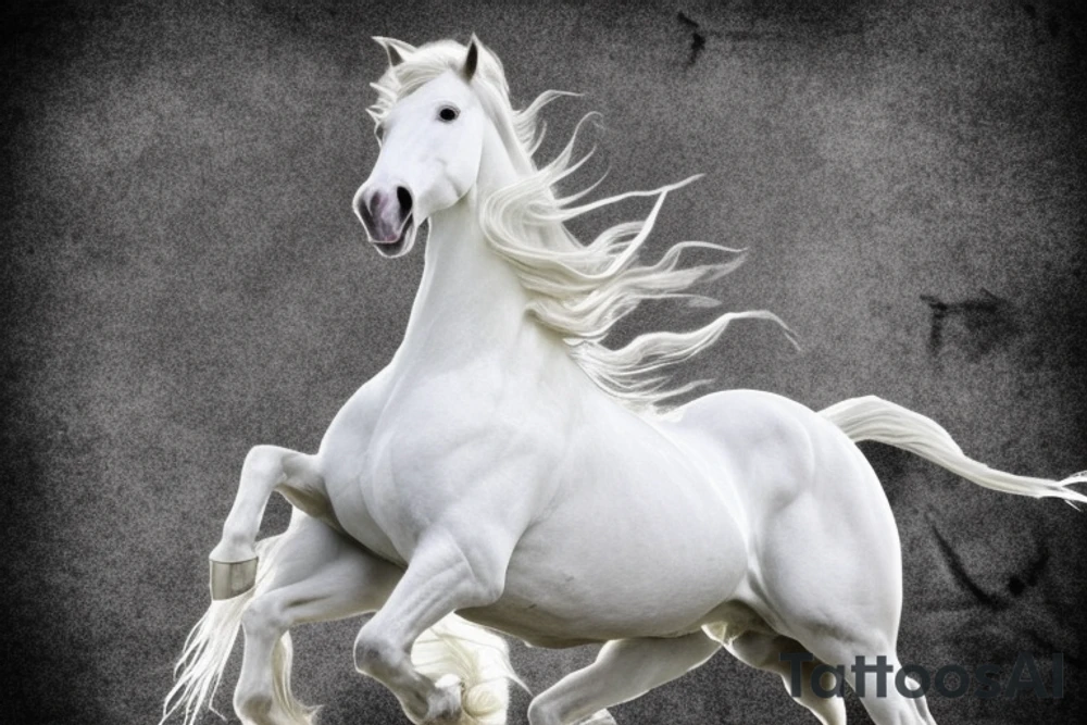 Spiritual warfare, A magnificent white horse carries Jesus Christ as he leads angels and saints in a dramatic battle between good and evil after Jesus' return to Earth, I saw heaven standing open and there before me was a white horse, whose rider is called Faithful and True. With justice, he judges and wages war."His eyes are like blazing fire, and on his head are many crowns. He has a name written on him that no one knows but he himself. He is dressed in a robe dipped in blood, and his name is the Word of God. The armies of heaven were following him, riding on white horses[...] On his robe and on his thigh he has this name written: KING OF KINGS AND LORD OF LORDS." tattoo idea