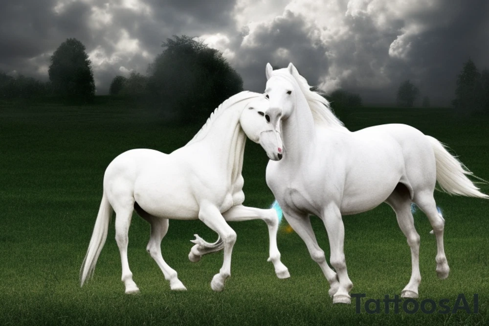 Spiritual warfare, A magnificent white horse carries Jesus Christ as he leads angels and saints in a dramatic battle between good and evil after Jesus' return to Earth, I saw heaven standing open and there before me was a white horse, whose rider is called Faithful and True. With justice, he judges and wages war."His eyes are like blazing fire, and on his head are many crowns. He has a name written on him that no one knows but he himself. He is dressed in a robe dipped in blood, and his name is the Word of God. The armies of heaven were following him, riding on white horses[...] On his robe and on his thigh he has this name written: KING OF KINGS AND LORD OF LORDS." tattoo idea