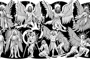 Spiritual warfare, Jesus Christ as he leads angels and saints in a dramatic battle between good and evil after Jesus' return to Earth tattoo idea