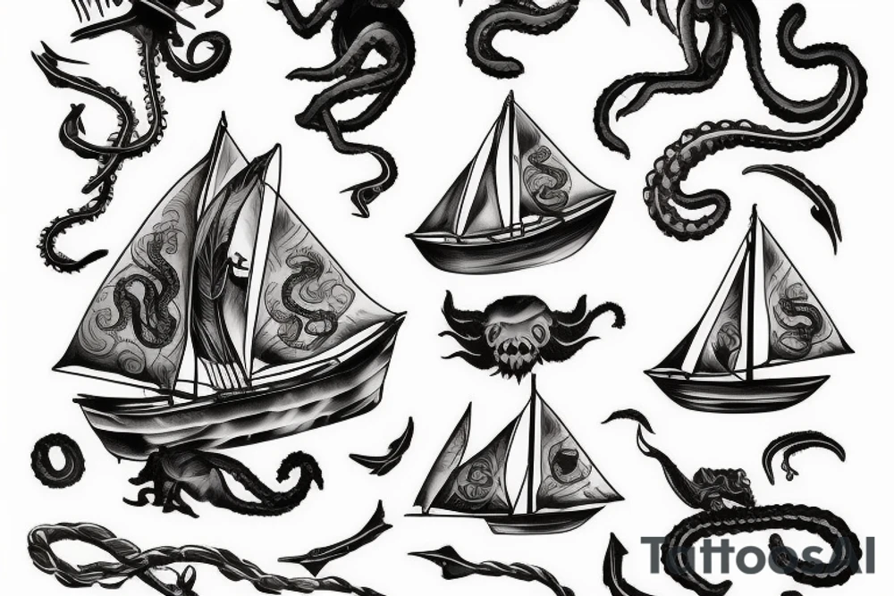 Kraken with a old sail boat tattoo idea