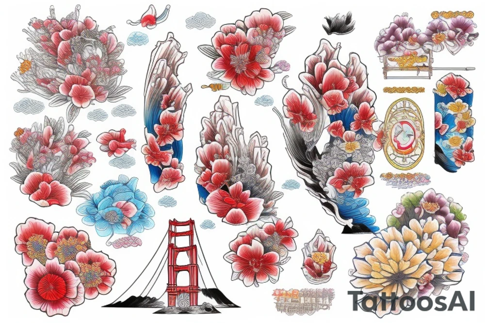 golden gate bridge, water, wind, Japanese flower tattoo idea