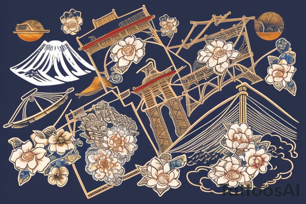 golden gate bridge, water, wind, Japanese flower tattoo idea