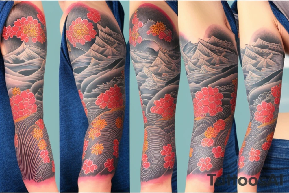 golden gate bridge, water, wind, Japanese flower, arm sleeve tattoo idea