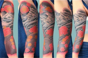 golden gate bridge, water, wind, Japanese flower, arm sleeve tattoo idea