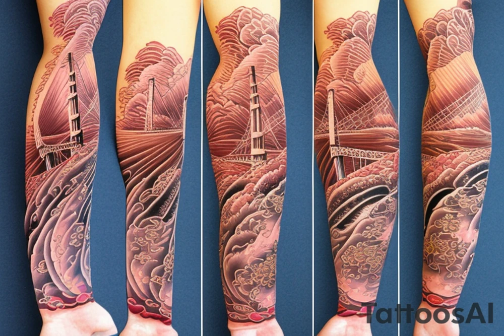 golden gate bridge, water, wind, Japanese flower, arm sleeve tattoo idea