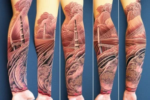 golden gate bridge, water, wind, Japanese flower, arm sleeve tattoo idea