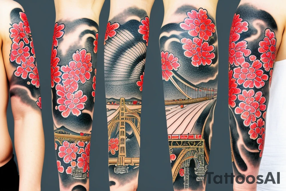 golden gate bridge, water, wind, Japanese flower, arm sleeve tattoo idea