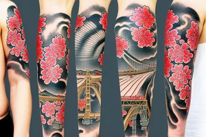 golden gate bridge, water, wind, Japanese flower, arm sleeve tattoo idea