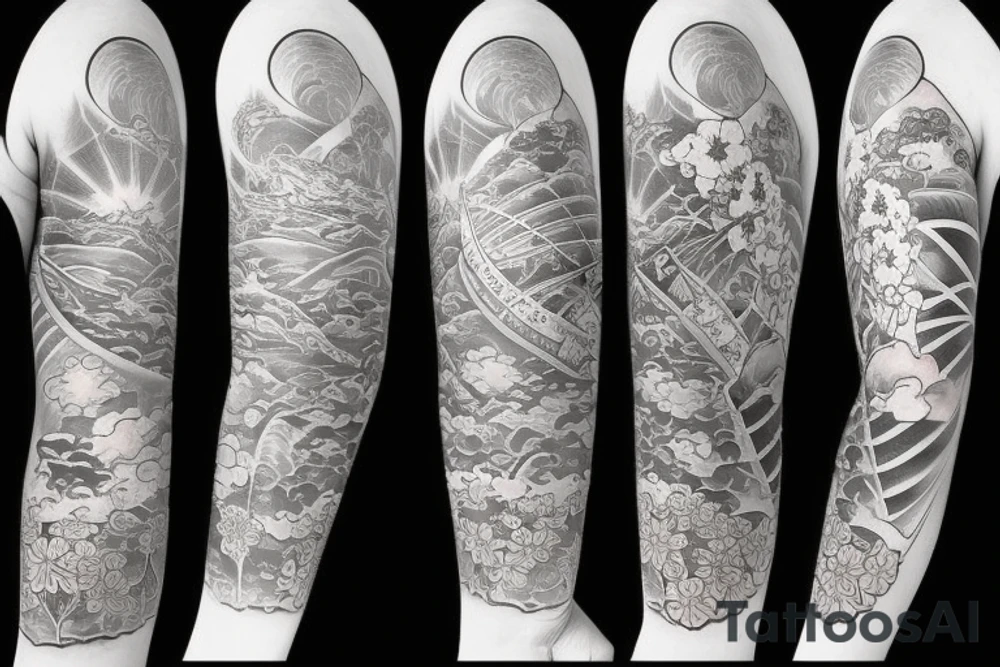 golden gate bridge, water, wind, Japanese flower, arm sleeve tattoo idea