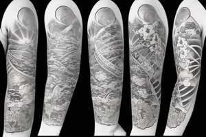golden gate bridge, water, wind, Japanese flower, arm sleeve tattoo idea