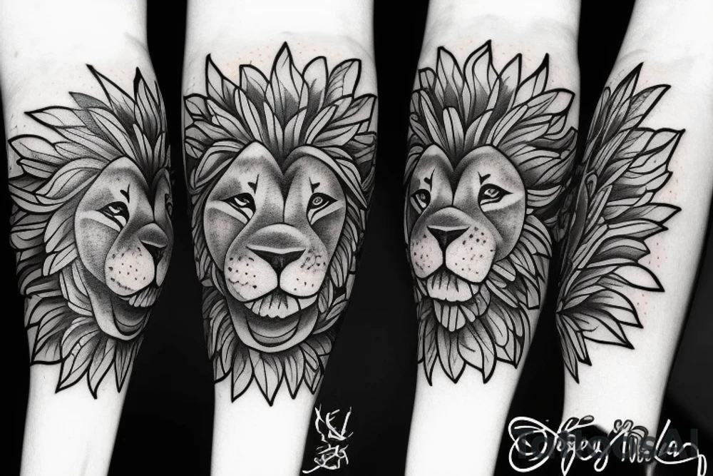 Lion face in lily of the valleys and sunflowers tattoo idea