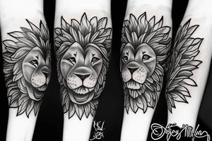 Lion face in lily of the valleys and sunflowers tattoo idea