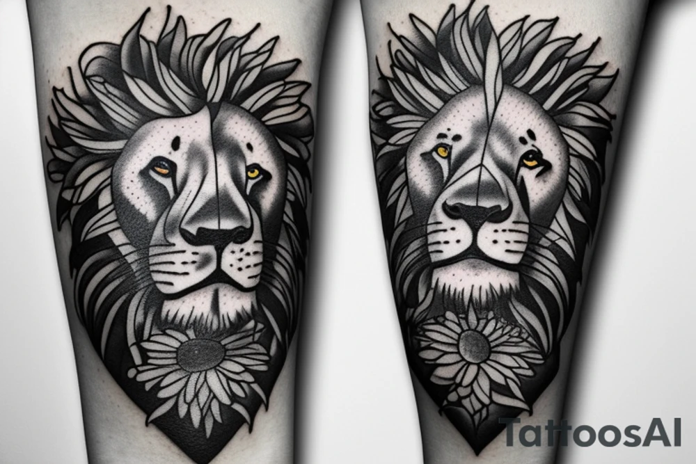 Lion face in lily of the valleys and sunflowers tattoo idea