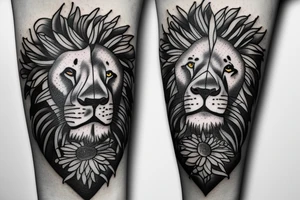 Lion face in lily of the valleys and sunflowers tattoo idea