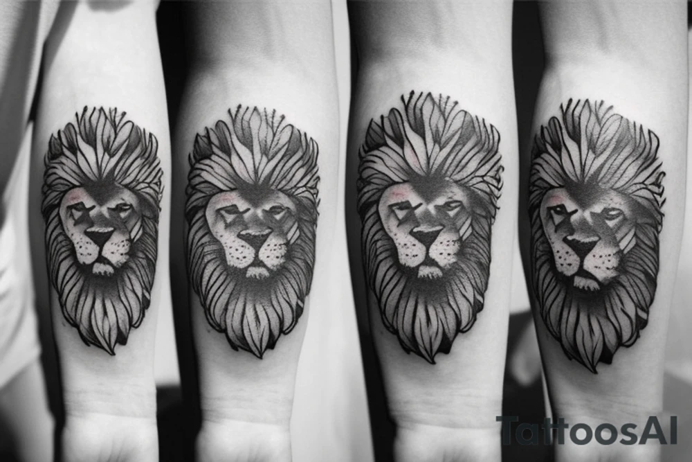 Lion face in lily of the valleys and sunflowers tattoo idea