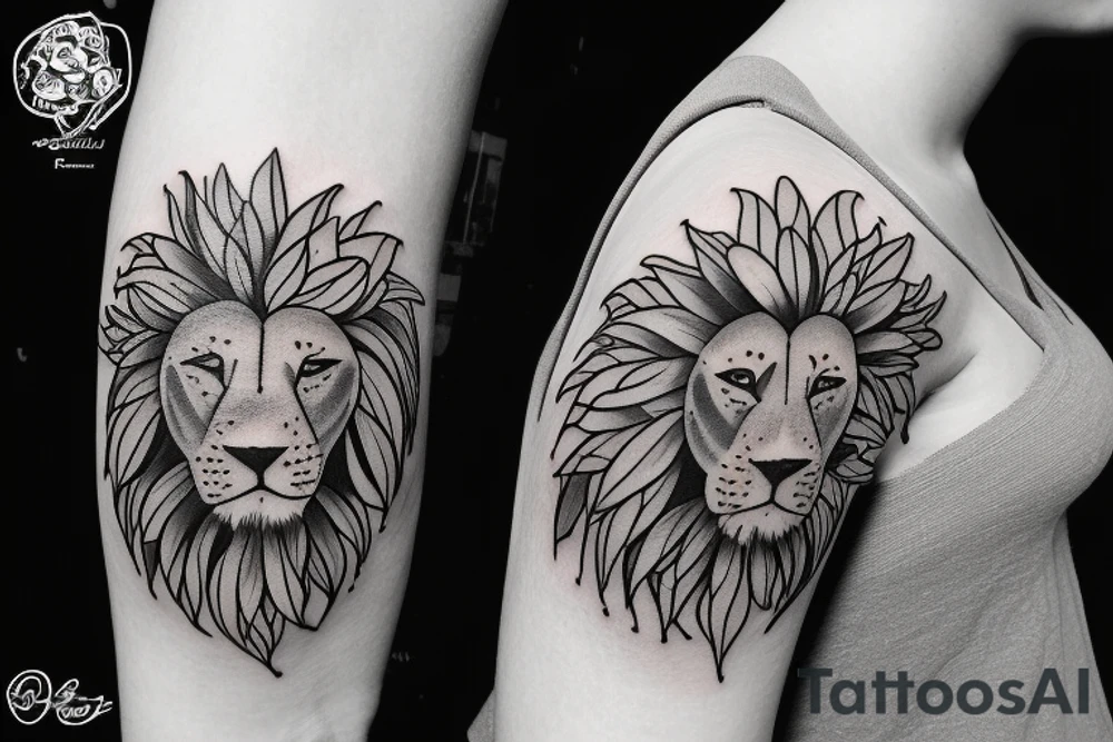 Lion face in lily of the valleys and sunflowers tattoo idea