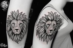 Lion face in lily of the valleys and sunflowers tattoo idea