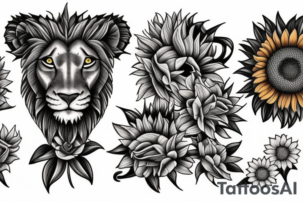 Lion in lily of the valleys and sunflowers tattoo idea
