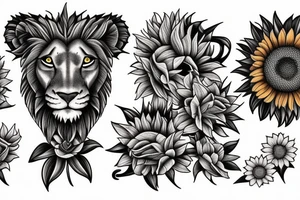 Lion in lily of the valleys and sunflowers tattoo idea