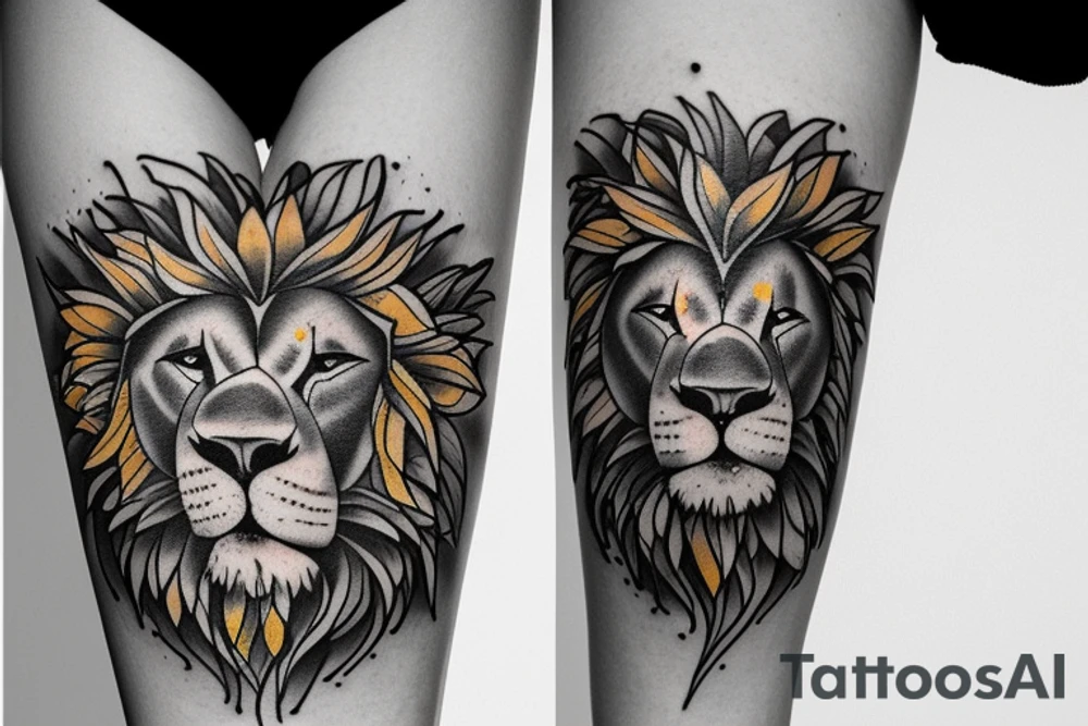 Lion in lily of the valleys and sunflowers tattoo idea