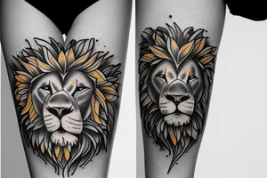 Lion in lily of the valleys and sunflowers tattoo idea