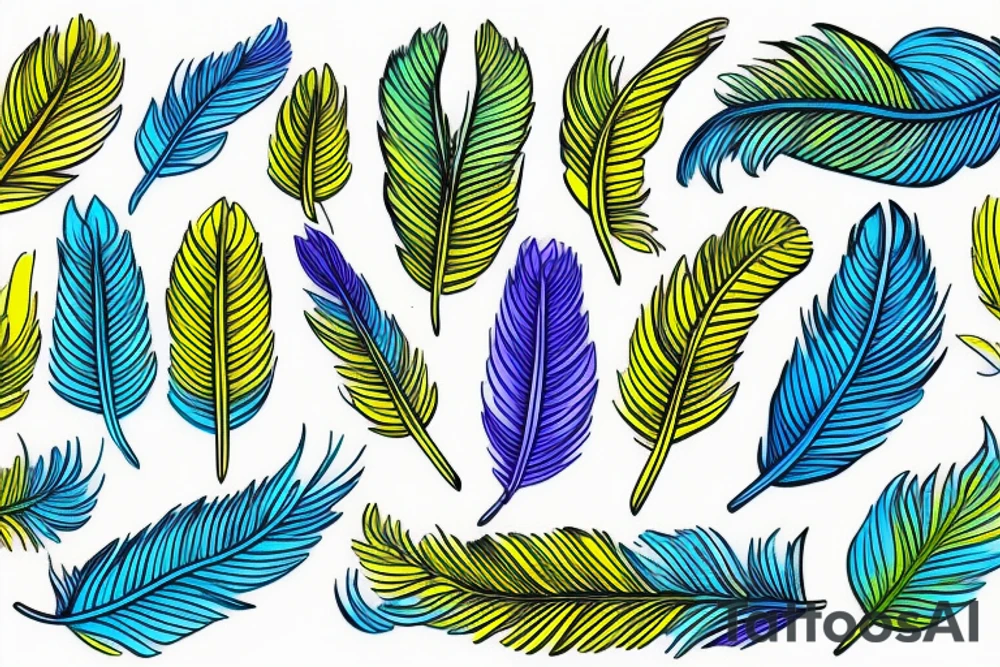 Six parakeet feathers, light blue, yellow, blue-yellow-green, dark blue, green tattoo idea