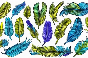 Six parakeet feathers, light blue, yellow, blue-yellow-green, dark blue, green tattoo idea