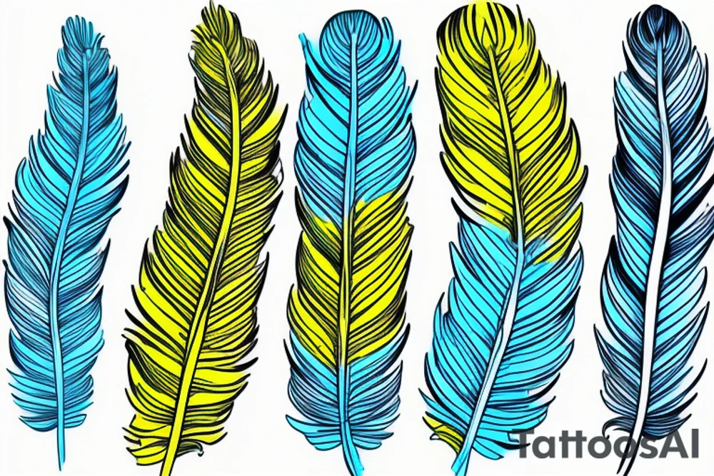 Six parakeet feathers, light blue, yellow, blue-yellow-green, dark blue, green tattoo idea