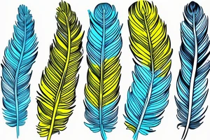 Six parakeet feathers, light blue, yellow, blue-yellow-green, dark blue, green tattoo idea