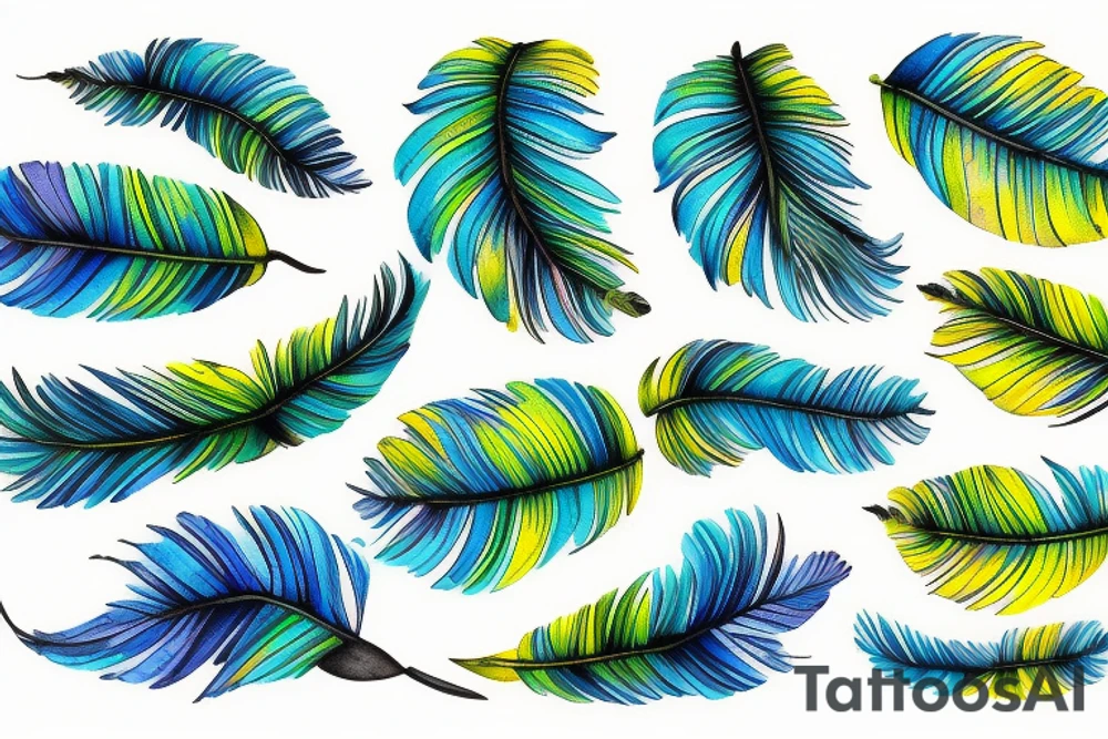 Six parakeet feathers, light blue, yellow, blue-yellow-green, dark blue, green tattoo idea