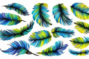 Six parakeet feathers, light blue, yellow, blue-yellow-green, dark blue, green tattoo idea