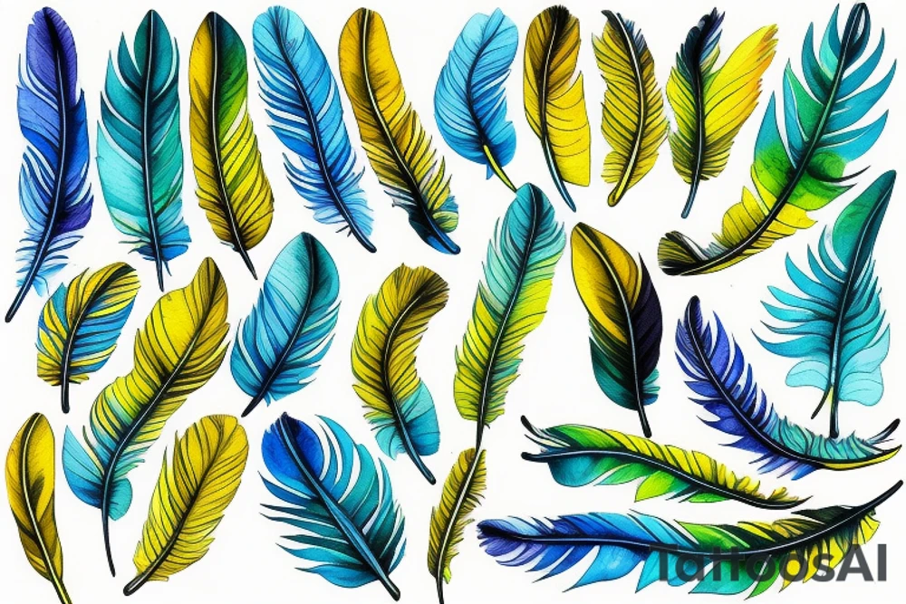 Six parakeet feathers, light blue, yellow, blue-yellow-green, dark blue, green tattoo idea