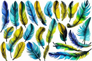 Six parakeet feathers, light blue, yellow, blue-yellow-green, dark blue, green tattoo idea