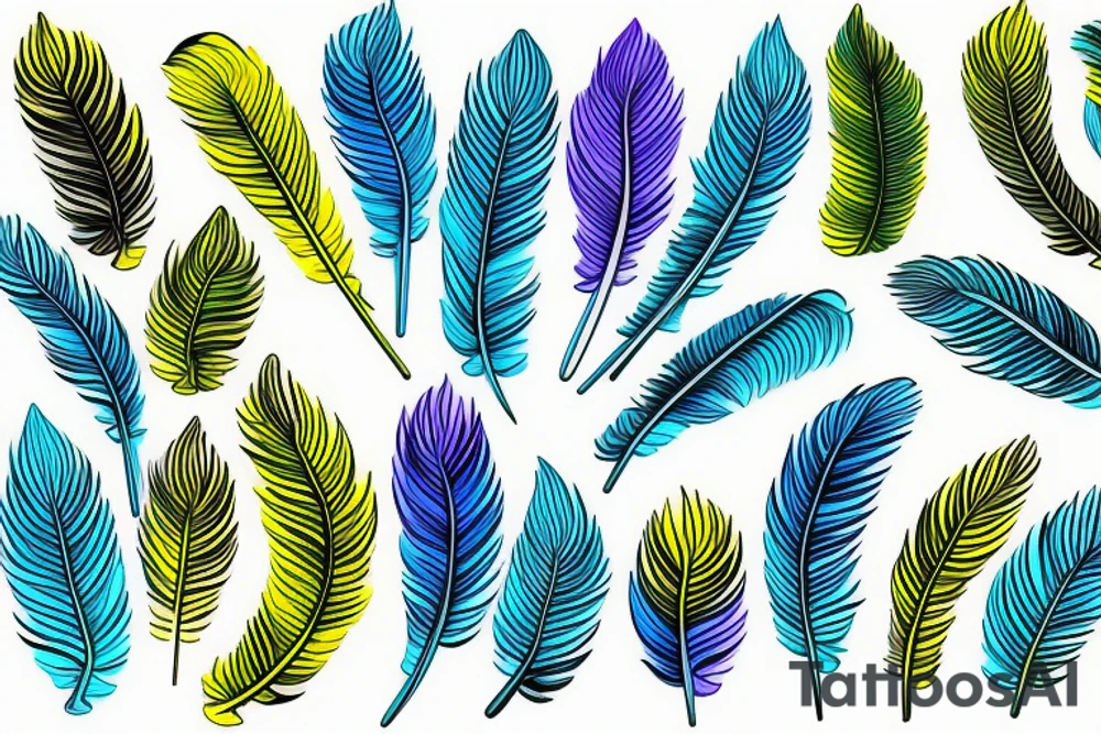 Six parakeet feathers, light blue, yellow, blue-yellow-green, dark blue, green tattoo idea