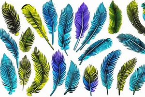 Six parakeet feathers, light blue, yellow, blue-yellow-green, dark blue, green tattoo idea