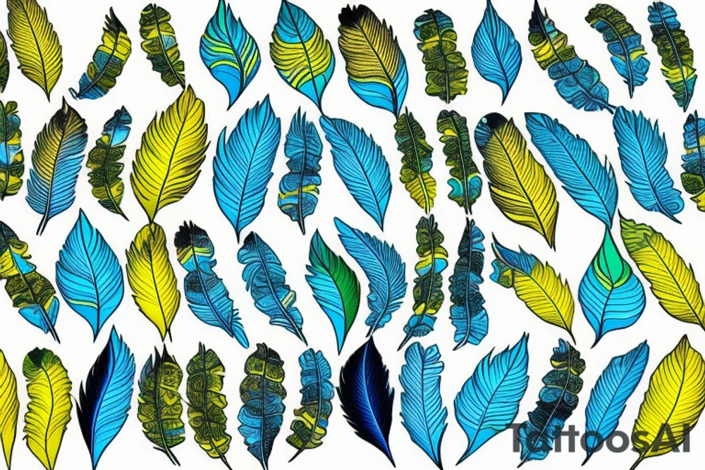 Six parakeet feathers, light blue, yellow, blue-yellow-green, dark blue, green tattoo idea