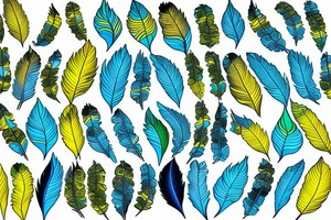 Six parakeet feathers, light blue, yellow, blue-yellow-green, dark blue, green tattoo idea