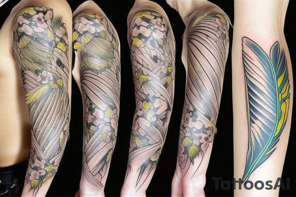 Six parakeet feathers tattoo idea