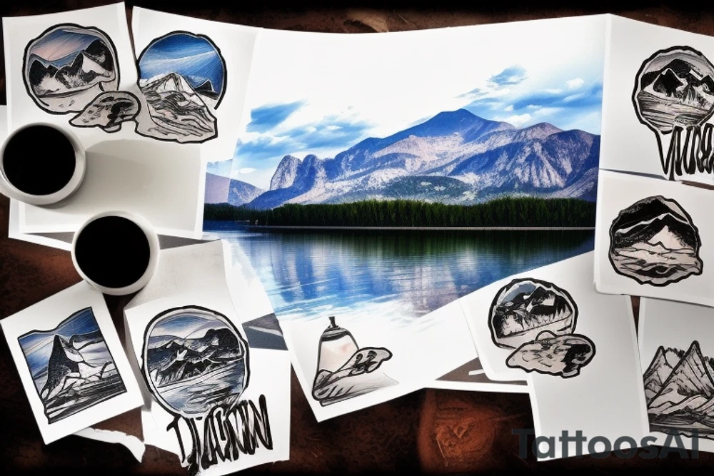 scenic view of a lake in Italy with the mountains in the background on the table in the foreground is a glass of negroni tattoo idea