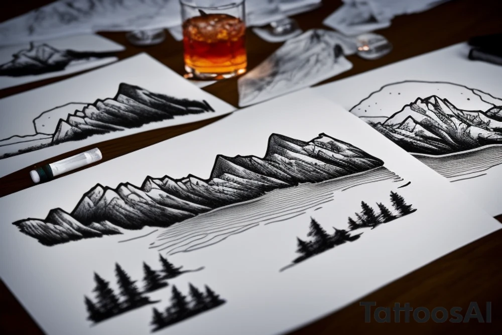 scenic view of a lake in Italy with the mountains in the background on the table in the foreground is a glass of negroni tattoo idea