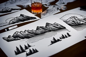 scenic view of a lake in Italy with the mountains in the background on the table in the foreground is a glass of negroni tattoo idea