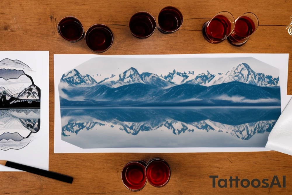 scenic view of a lake in Italy with the mountains in the background on the table in the foreground is a glass of negroni tattoo idea