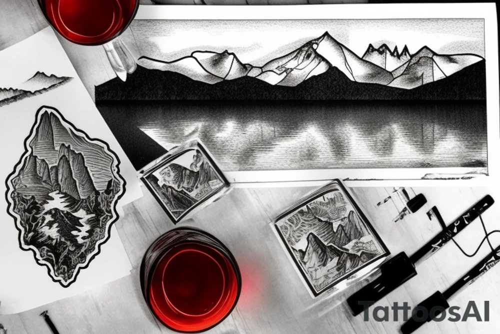 scenic view of a lake in Italy with the mountains in the background on the table in the foreground is a glass of negroni tattoo idea