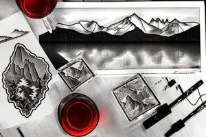 scenic view of a lake in Italy with the mountains in the background on the table in the foreground is a glass of negroni tattoo idea