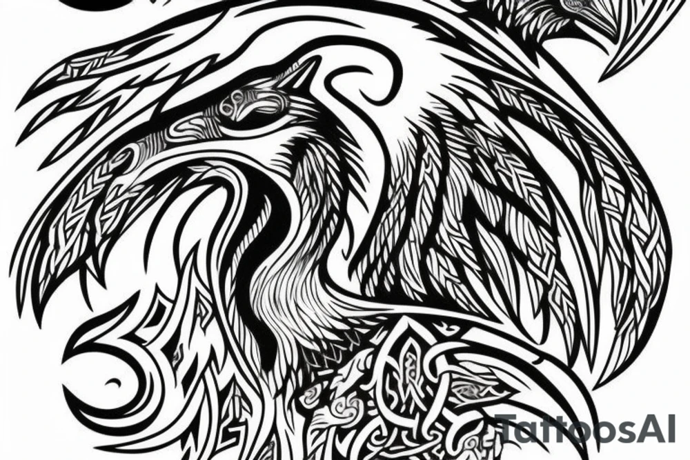 Viking wolf into tree with raven tattoo idea